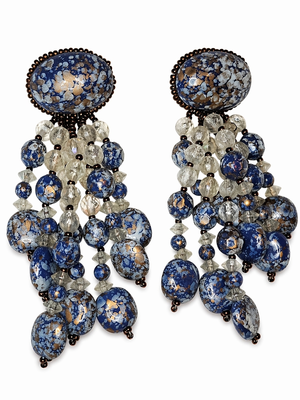 Blue Marbled Faux Stone Chandelier Earrings Long Statement Beaded Post Earrings